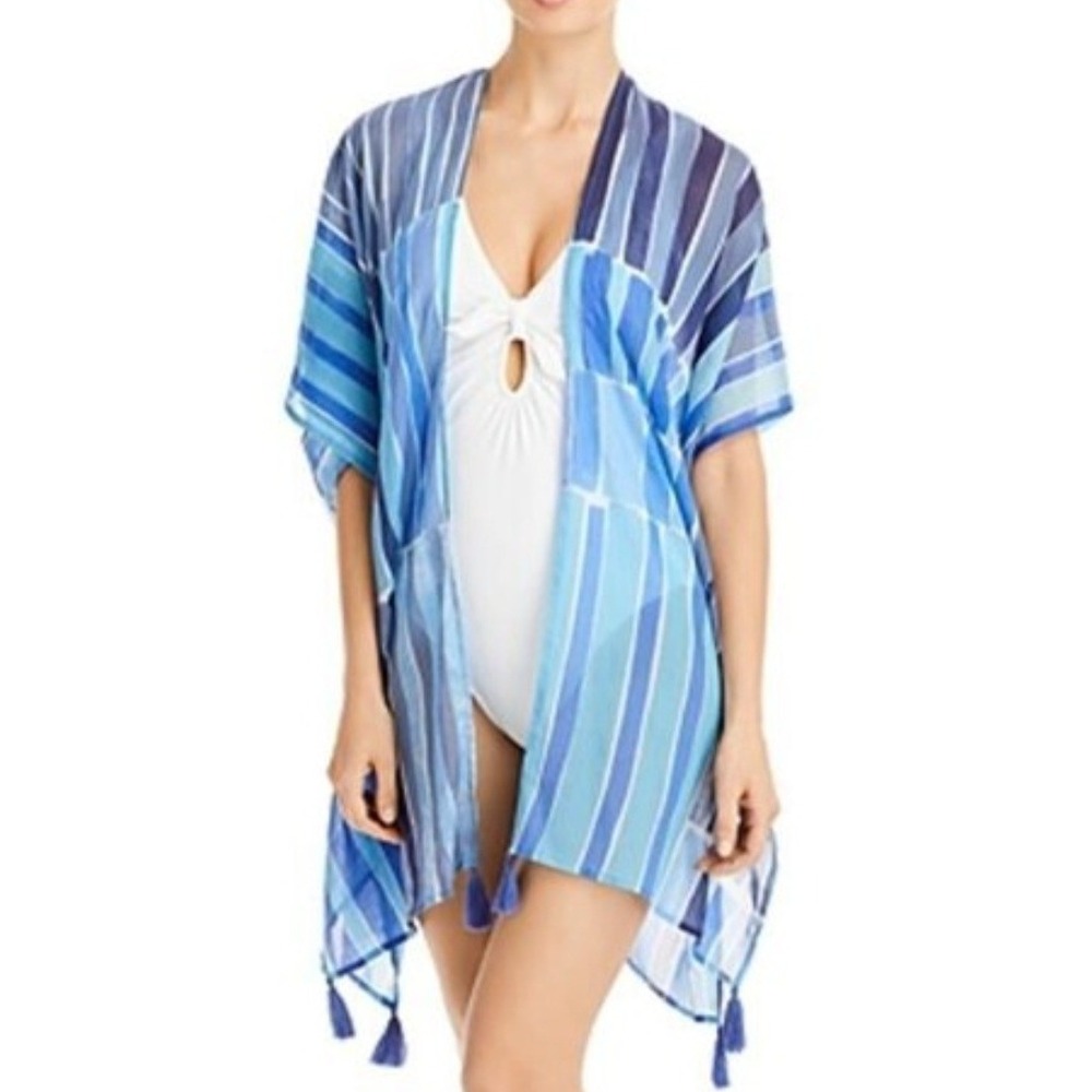 Echo Bellavista Cotton Duster Swim Coverup Womens OS Blue Striped Tassel Resort